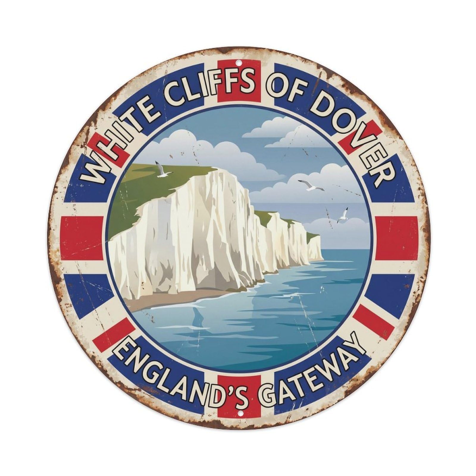 Vintage Travel Dover Cliffs England Metal Tin Sign Plaque Wall Decor for Cafe, Club Bar, Office, Home Garden Round Metal Poster 8x8Inch