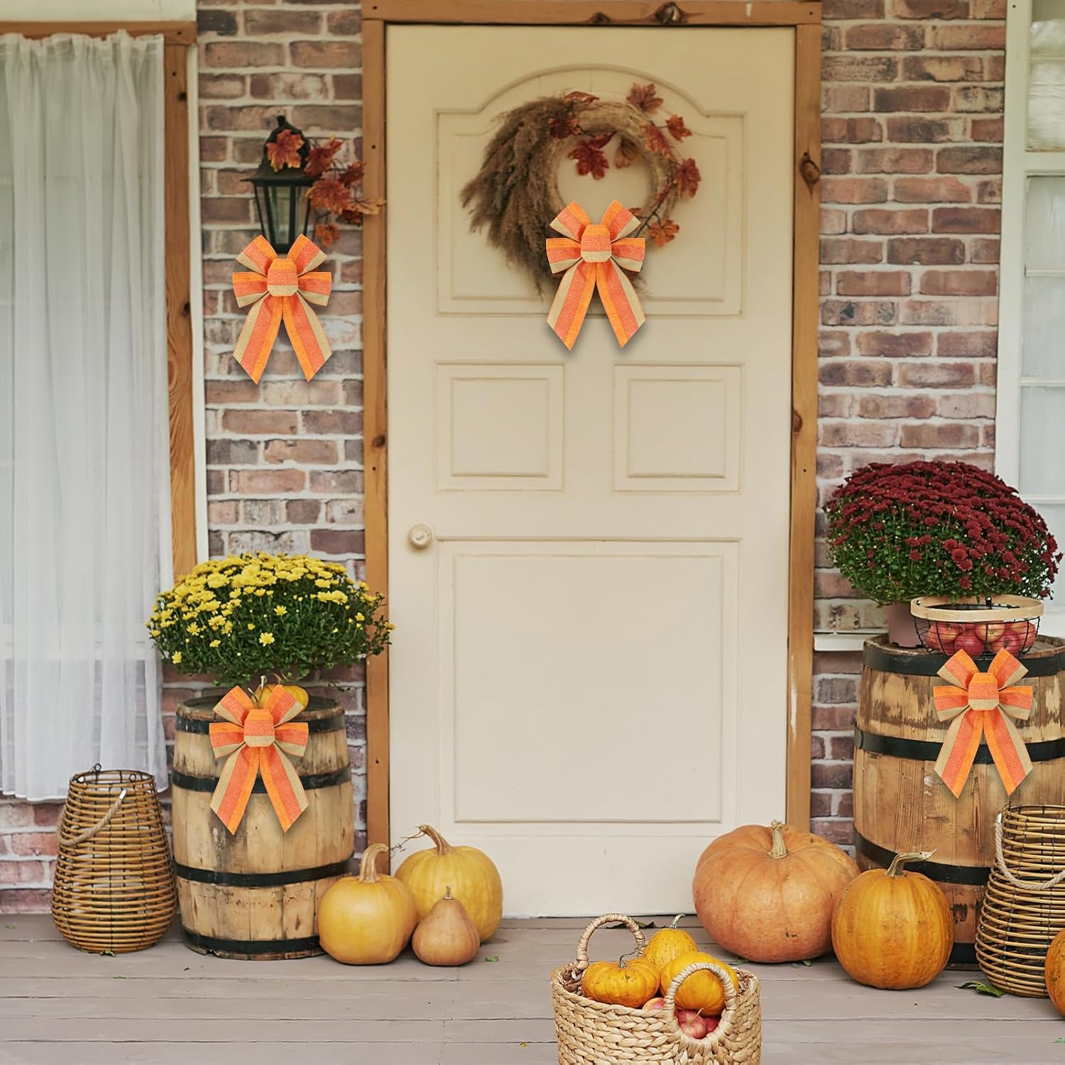 4PCS Fall Orange Stripe Wreath Bows, Autumn Farmhouse Burlap Bow for Wreath Rustic Crafts Decorative Hanging Ornament Bow for Thanksgiving Indoor Outdoor Holiday Party Decorations