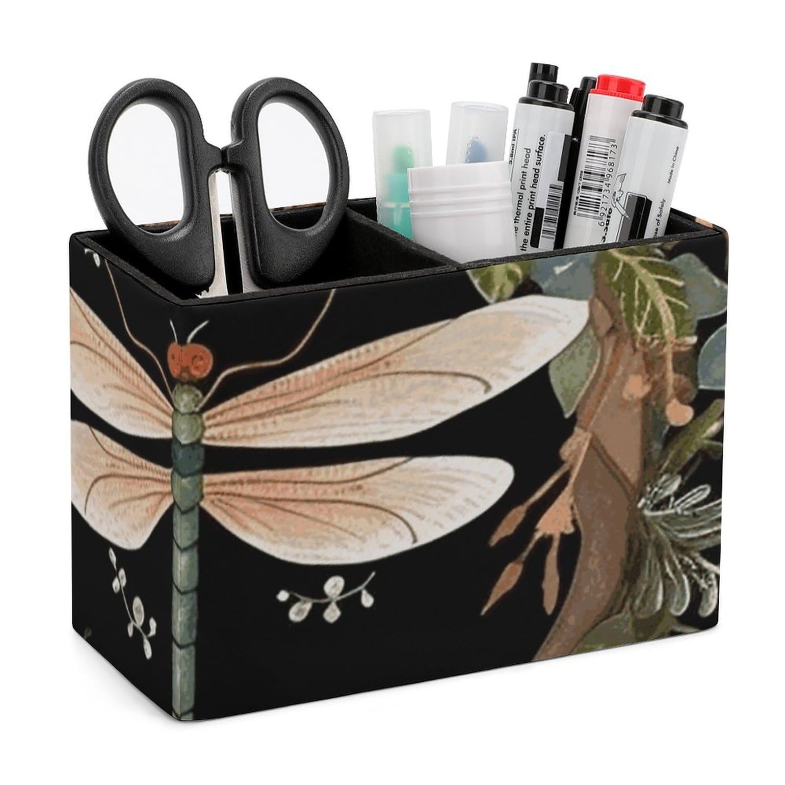 JTREHY Image of Dragonfly in Wreath Pencil Holder Exquisite Fashion Leather Pen Receptacle Soft High-End Pen Container for Office Home Accessories Or Housewarming Present
