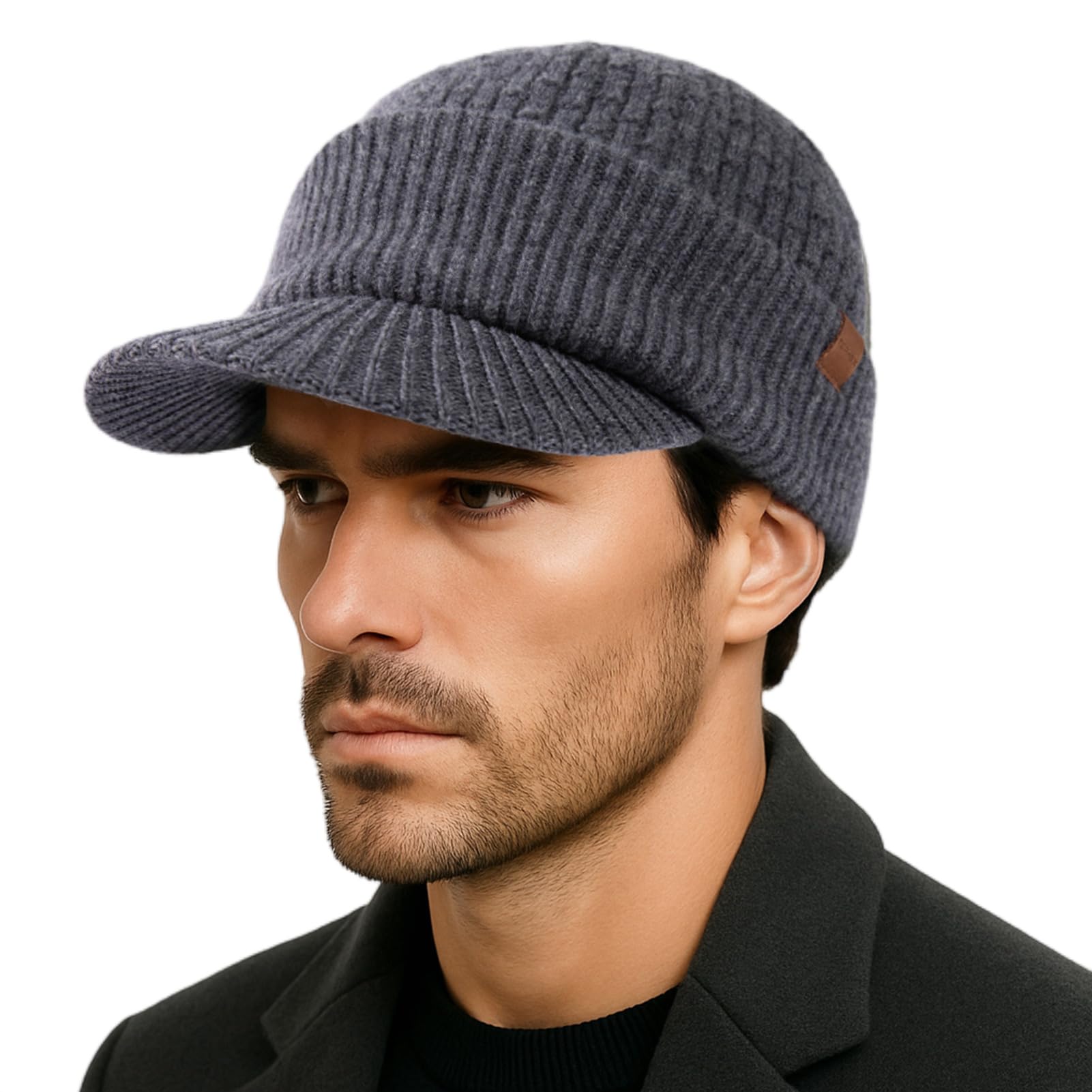 TOP-EX PolarWool™ 100% Merino Wool Winter Hat for Men Fleece Lined Visor Beanie with Brim Outdoor Knit Cap for Cold Weather