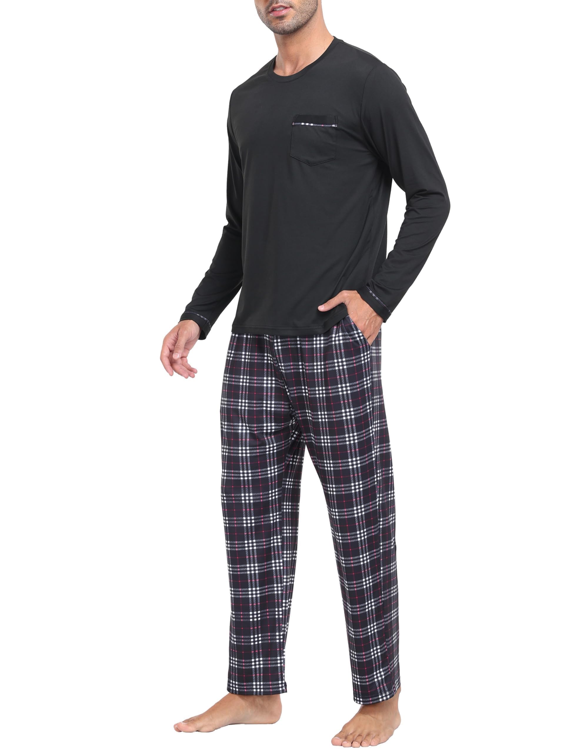 MoFiz Pigiama Uomo Lungo Invernale Morbido Caldo Pigiami Due Pezzi Manica Lunga Notte Camicia e Pantaloni Pigiama a Quadri con Tasche
