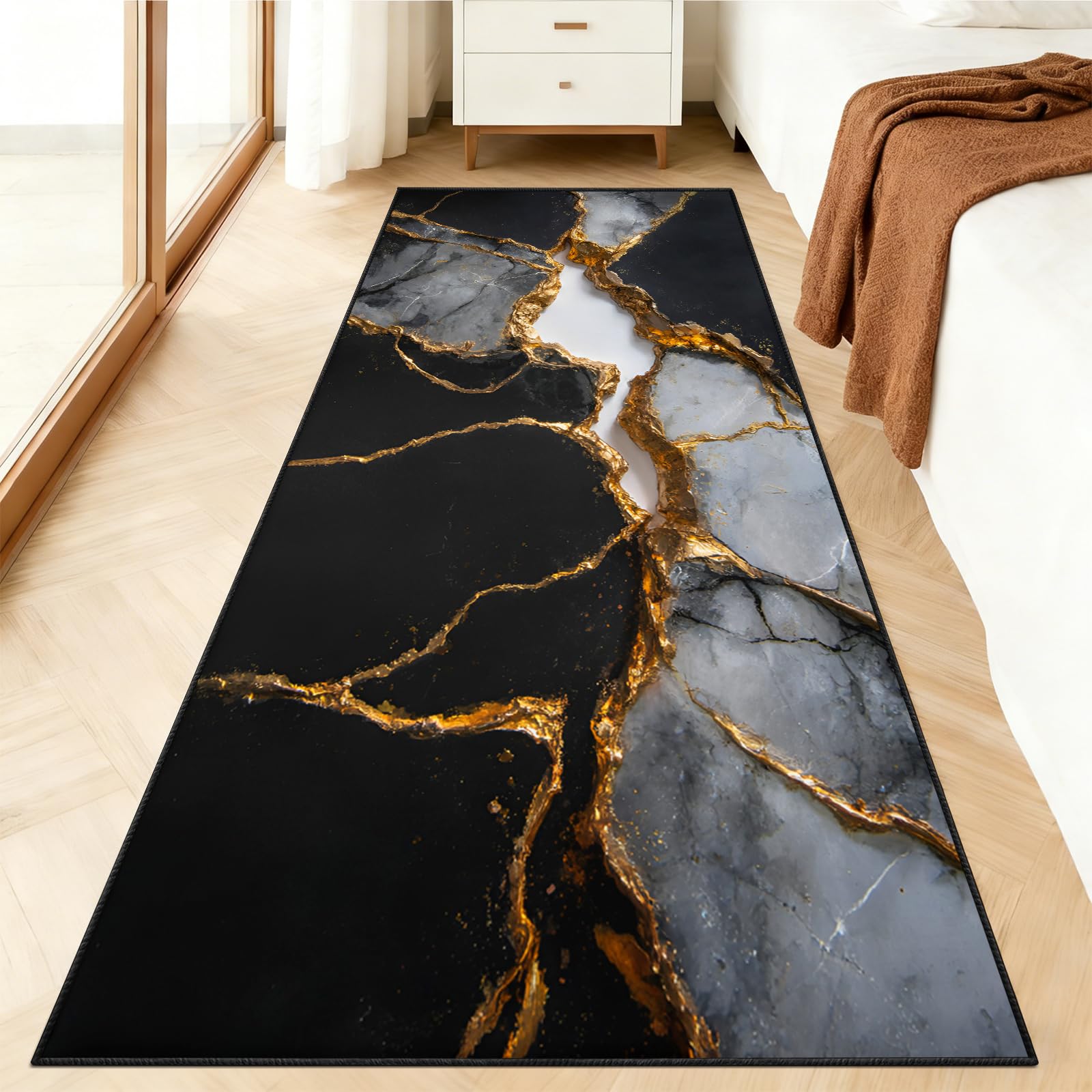 KUKEEUA Black Gold Runner Rug 60x120cm Marble Abstract Rug for Entryway, Contemporary Art Carpet Runner Washable Kitchen Mats for High Traffic Areas Decor