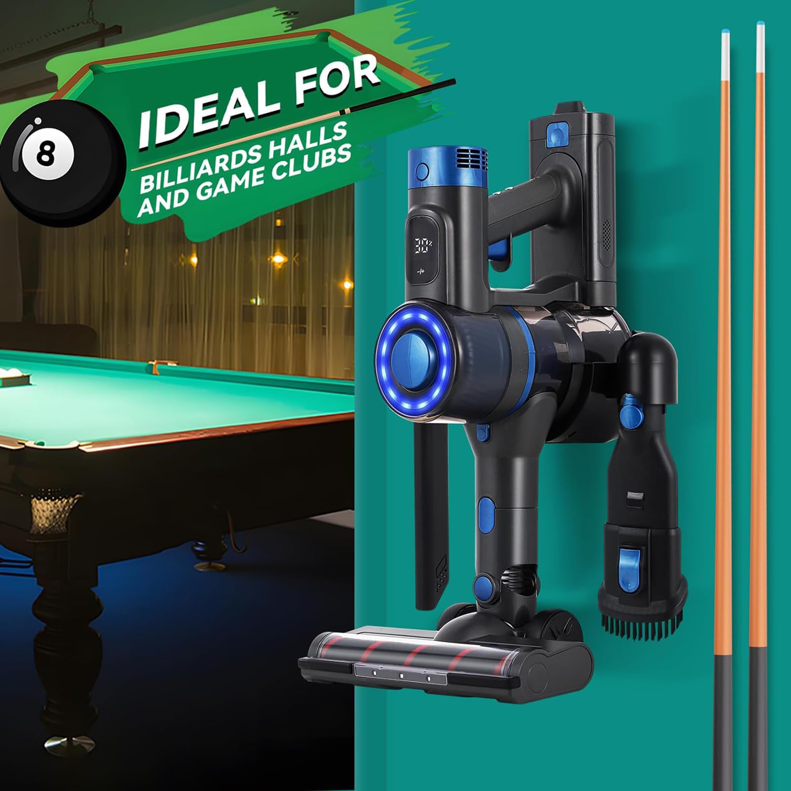 Aspiradora limpiadora de mesa de billar, inalámbrica con 3 niveles de succión, pantalla LED, duración de la batería de 60 minutos, desmontable para una fácil limpieza de mesas de billar