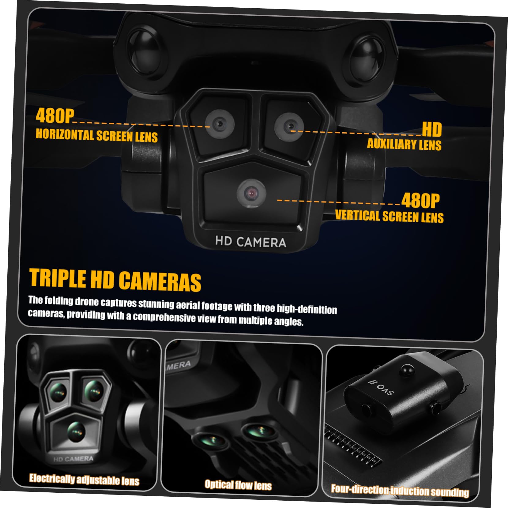Drone Pieghevole Max con Tre Camere HD e Doppia Batteria | Sistema Anticollisione, Lente Elettrica Regolabile 150°, Abs Nero, 1800mah 3,7v