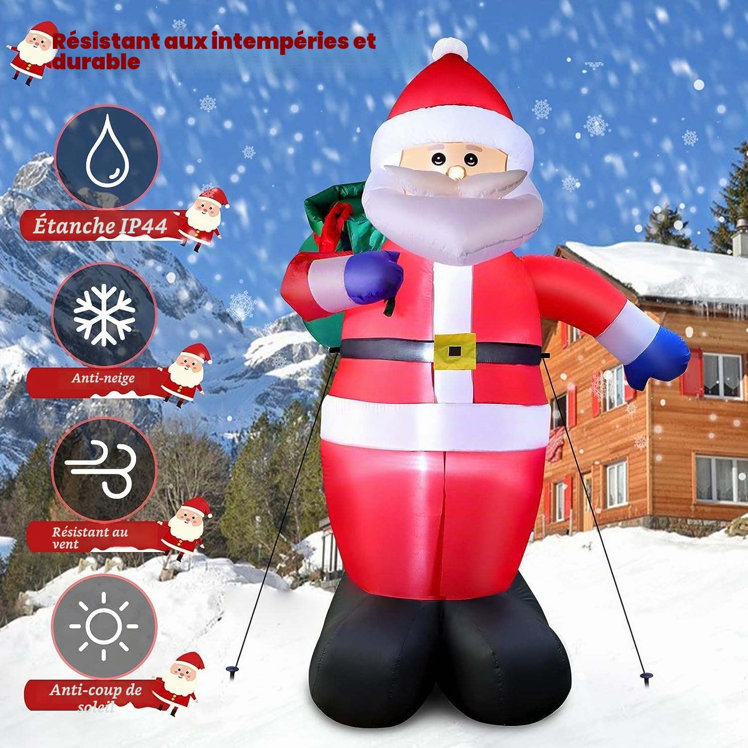 Père Noël Gonflable 245cm avec Lumière LED, Résistant aux Intempéries IP44, Figurine Géante avec Sac Cadeau, Décoration d'Éclairage Extérieur pour Jardin, Pelouse, Cour
