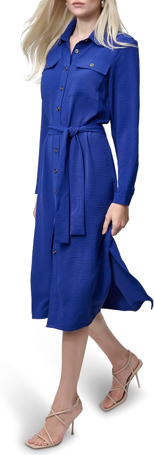 DKNY Womens Long Sleeve Collared Tie Midi Shirtdress - Image 3