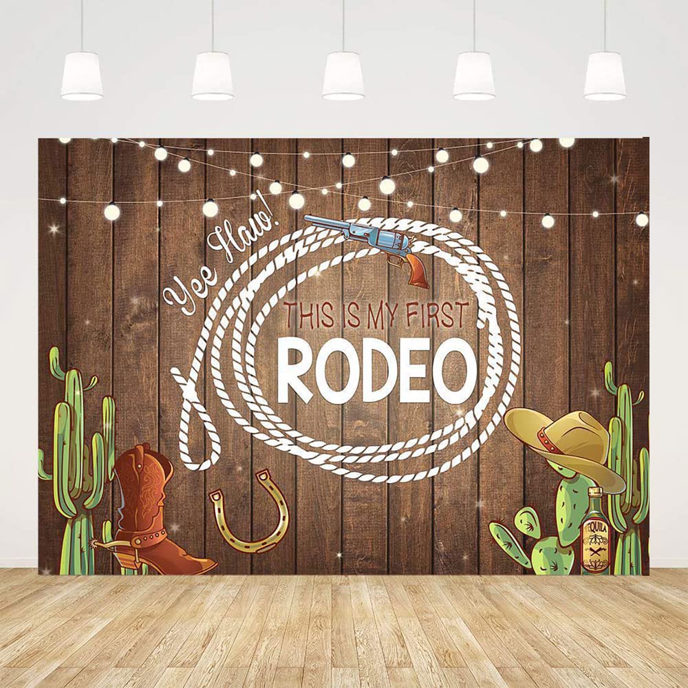 Ticuenicoa 9x6ft This is My First Rodeo 1st Birthday Backdrop Western Cowboy Mexican Cactus Birthday Background for Parties Rustic Wood Baby Shower Backdrops Cake Table Banner Photo Booth Props