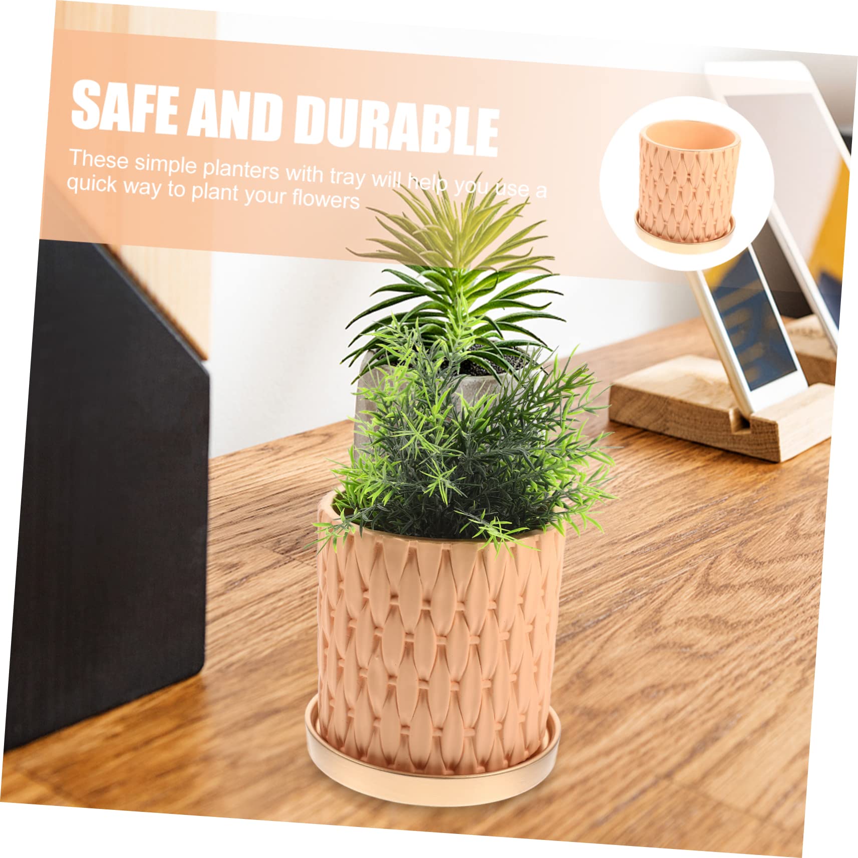 BESTonZON Pot de Fleurs en Ciment Orange avec Plateau, Léger Style Européen Simple, Jardinière Ronde Imitation Tressage pour Plantation Intérieure et Jardinage