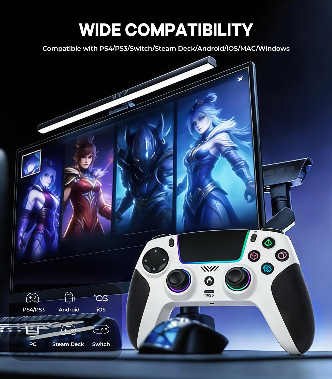 SZPACMATE Controller Wireless per PS4/PS3/Switch/PC/iOS/Android/Steam Deck, con 8 Colori RGB/Joystick Effect Hall/Batteria 1000 mAh/Turbo/Doppia Vibrazione/Programmabile/Impugnatura Antiscivolo