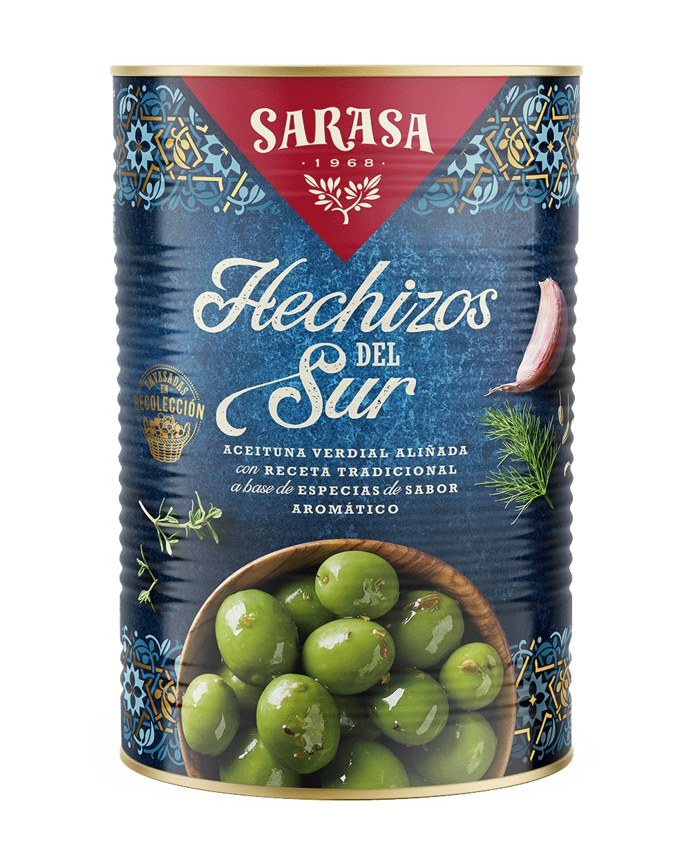 Sarasa 'HECHIZOS DEL SUR' SARASA - SABROSAS ACEITUNAS ALIÑADAS CON RECETAS TRADICIONALES (PESO NETO 4200g (PESO ESCURRIDO 2500), 1 LATA)
