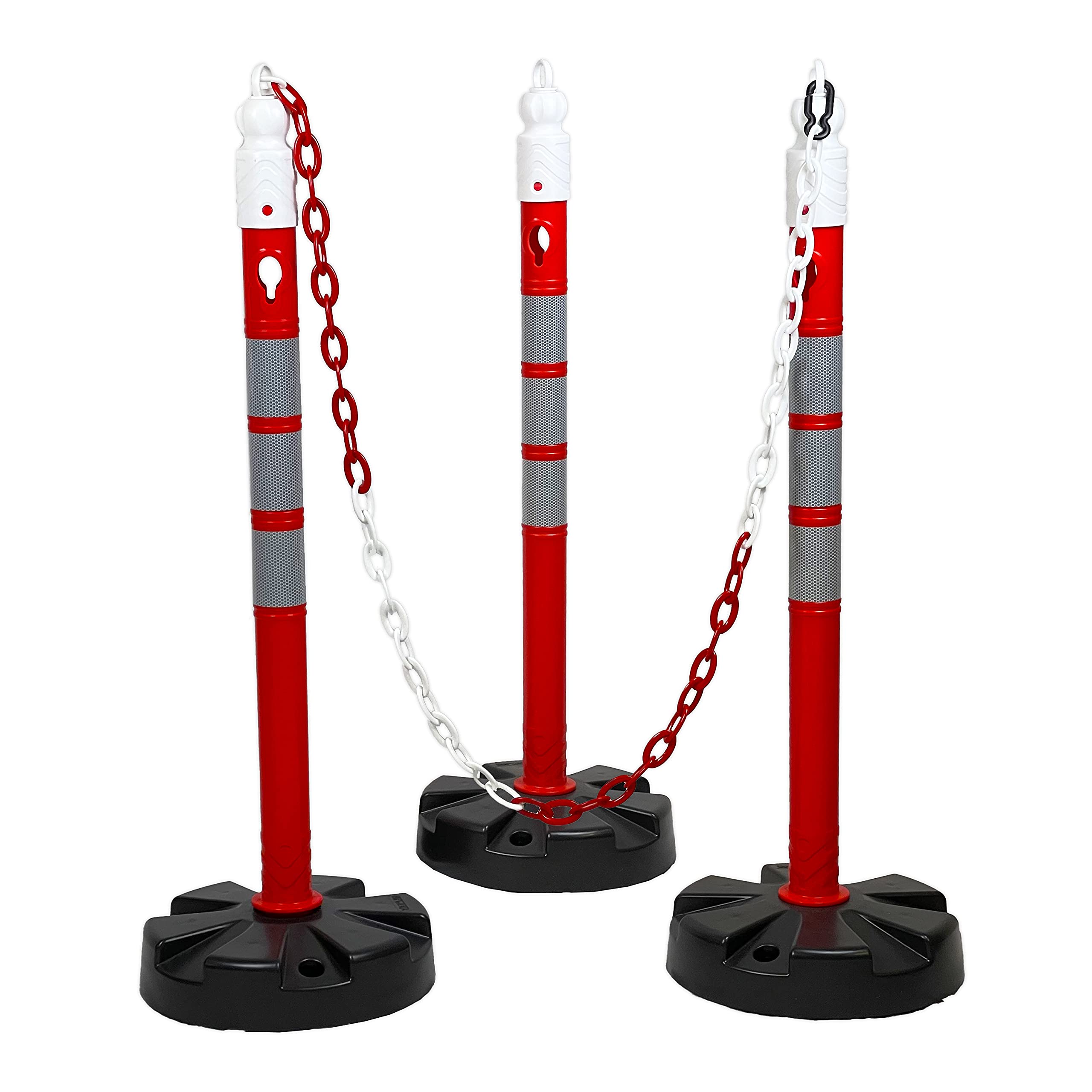 UvV Quad (4 Stück) Kettenpfosten + 10 m Absperrkette 6mm (rot-weiß) Kettenständer Absperrpfosten, Ø63 x 1000mm, Fußplatte ca. 4,5 kg, 3 Reflexfolien
