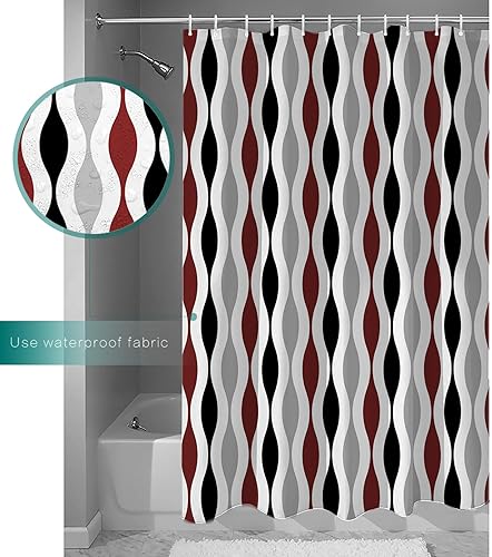 Miniatura 3 de YOKOU Cortina de ducha, patrón geométrico de rayas onduladas, de mediados de siglo, negro, gris, burdeos, rojo, repelente al agua, cortinas de baño