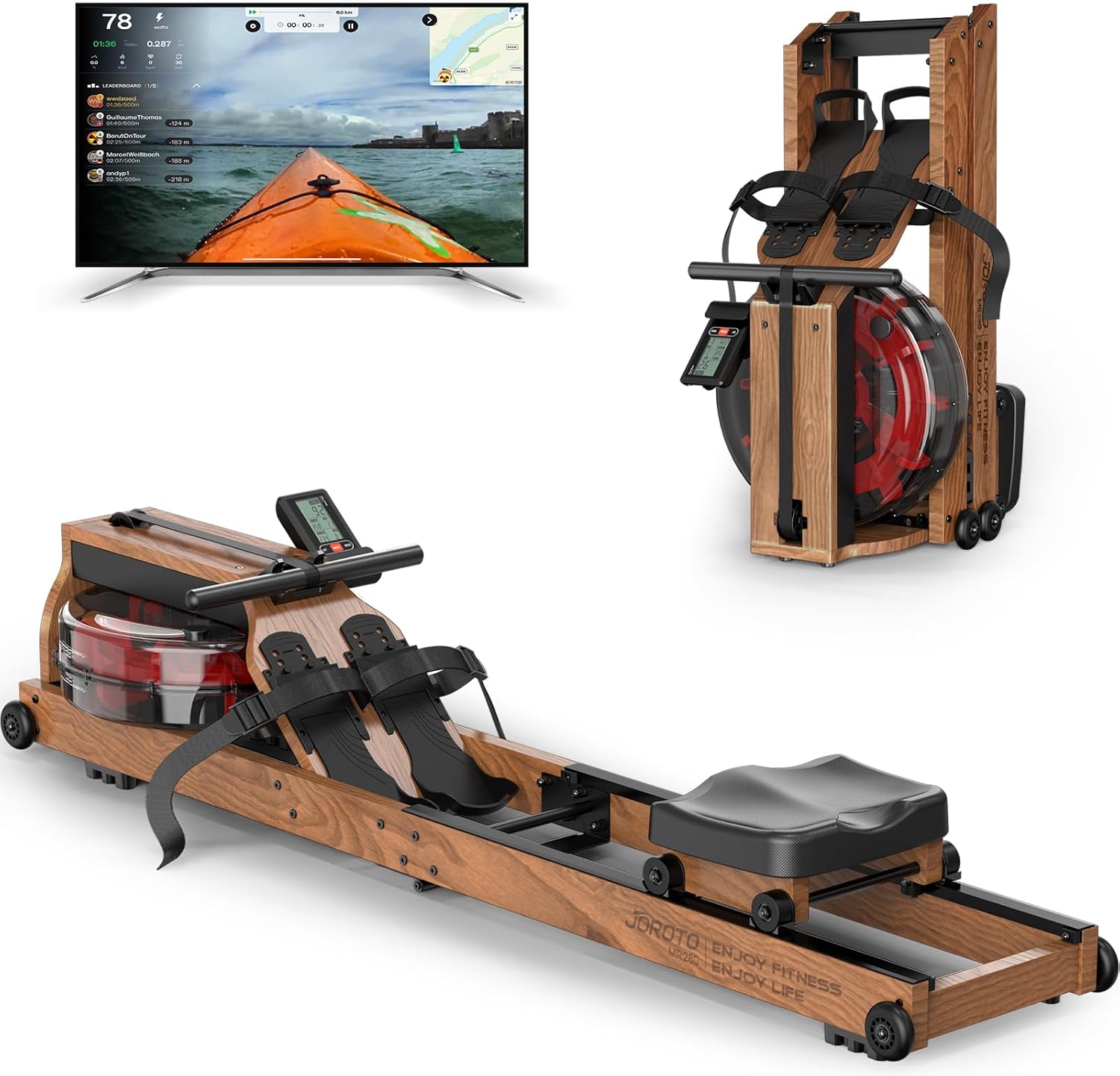 JOROTO MR280 Foldable Water Rowing Machine: 400lbs Capacity, Bluetooth Monitor, App Sync, Solid Oak Home Rower
