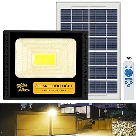 Epyz Solar Flood Light Outdoor Waterproof with Remote Control for Home Garden Wall Compound Entrance Automatic LED Lamp [ Pack of 1, Warm Yellow Light ] [ 50W - 4000mAh, 183LED ]