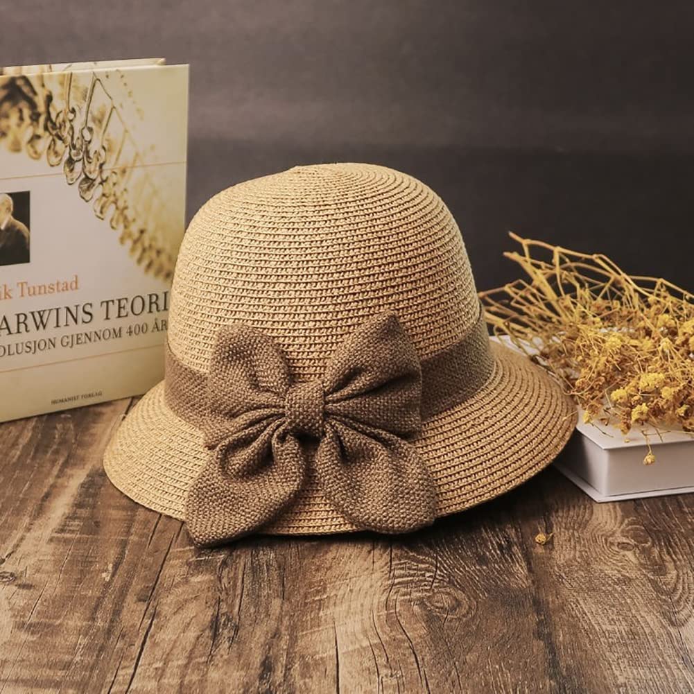 JIHUOO Straw Cloche Hat Summer Bowler Hat Sun Church Hat 1920s Vintage Bucket Hat Foldable Beach Hat with Bow for Women