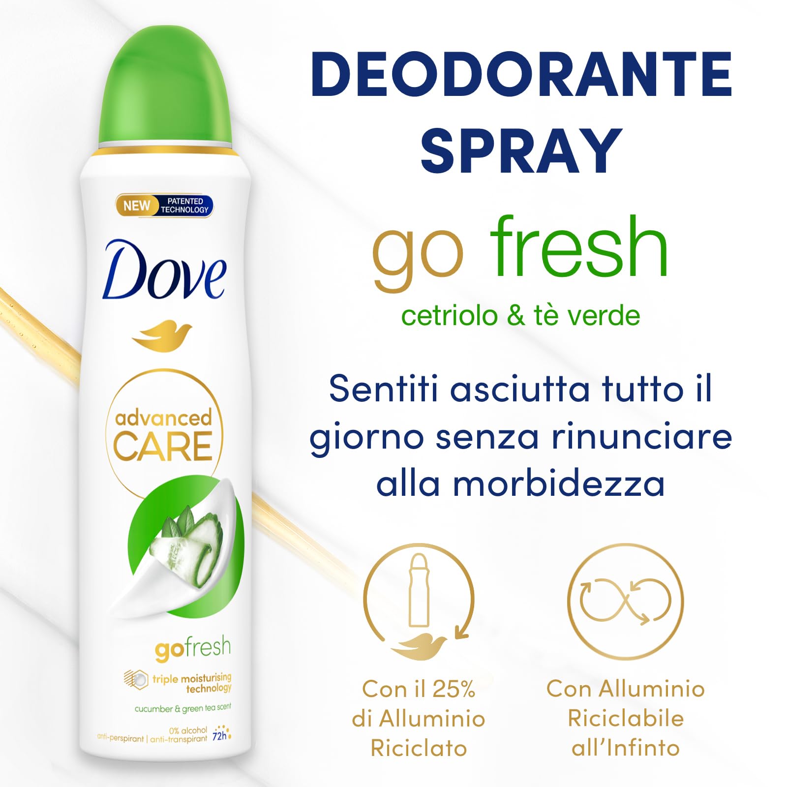 Dove Advanced Care Go Fresh Deodorant Spray Gurke und Grüner Tee, mit feuchtigkeitsspendender und hautfreundlicher Formel, ohne Alkohol, trockene Haut bis zu 72 Stunden, Deodorant für Damen und