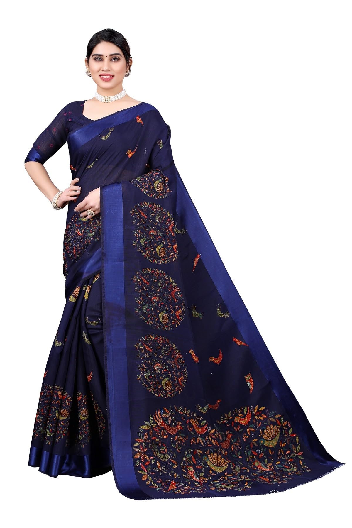BishtHub Fashion Women's Linen Printed Satin Border Saree With Unstitched Blouse Piece -(PARINDA NAVY)