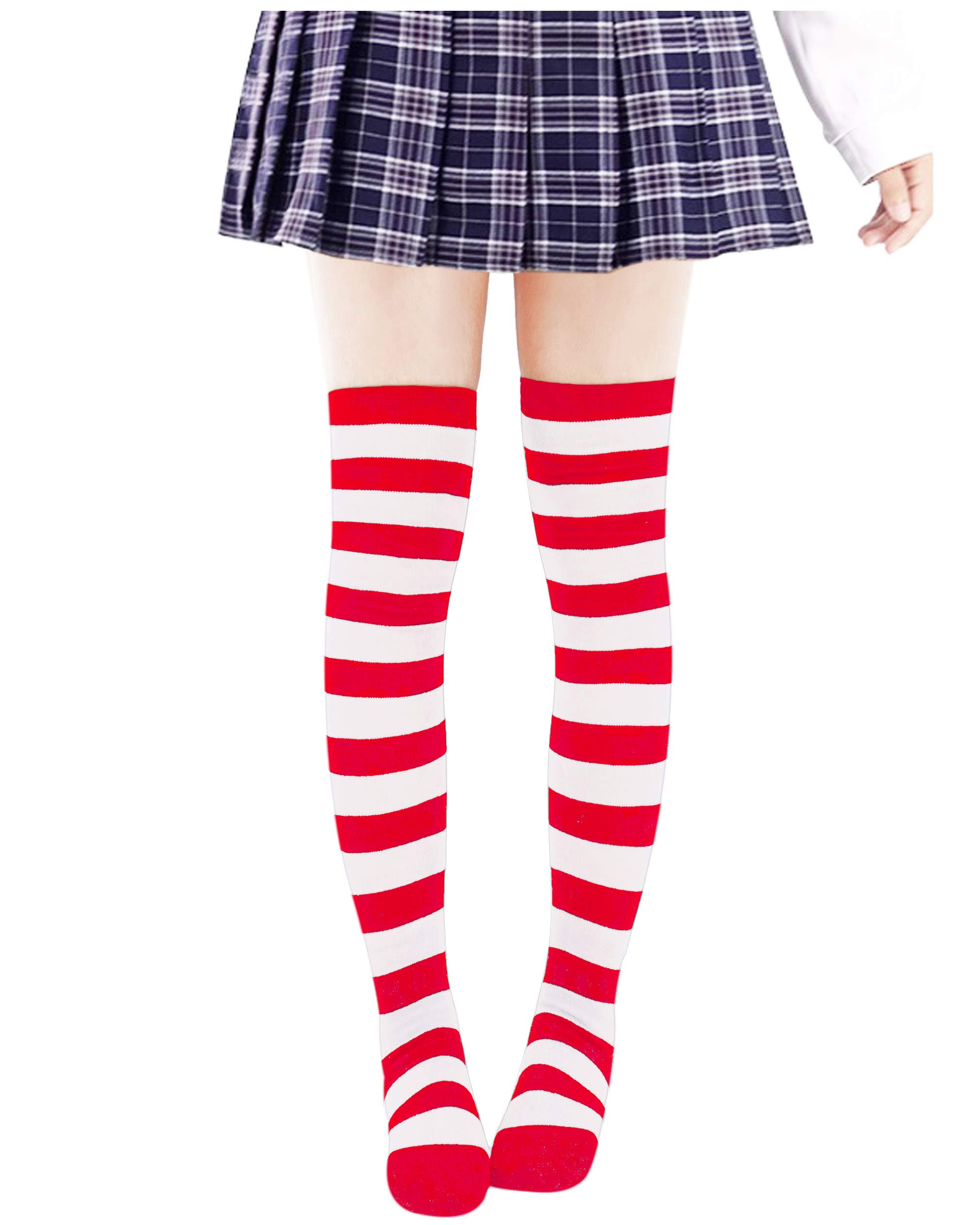 DAZCOSStriped Thigh High Socks Elastic Over The Knee Knit Stockings for Christmas Daily and Anime Cosplay