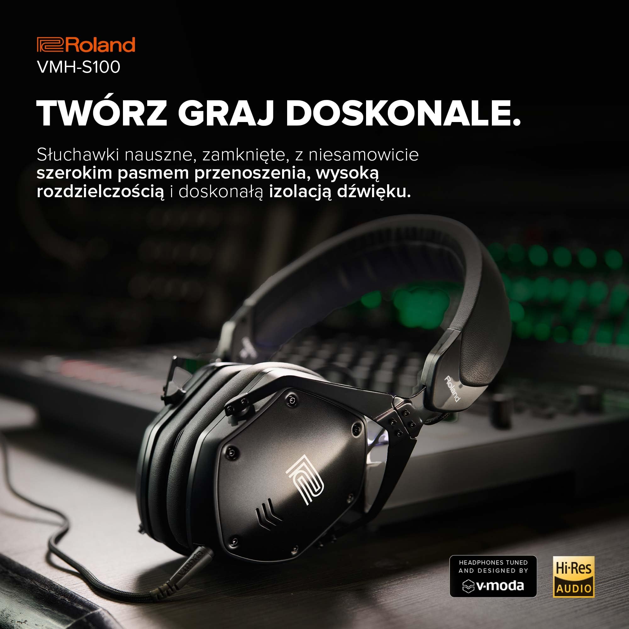 Roland VMH-S100 | Słuchawki Nauszne Hi-Res do Produkcji Muzycznej | Szerokie Pasmo Przenoszenia | Niesamowita Izolacja Dźwięku | Przetwornik 50 mm | Wygodne i Trwałe