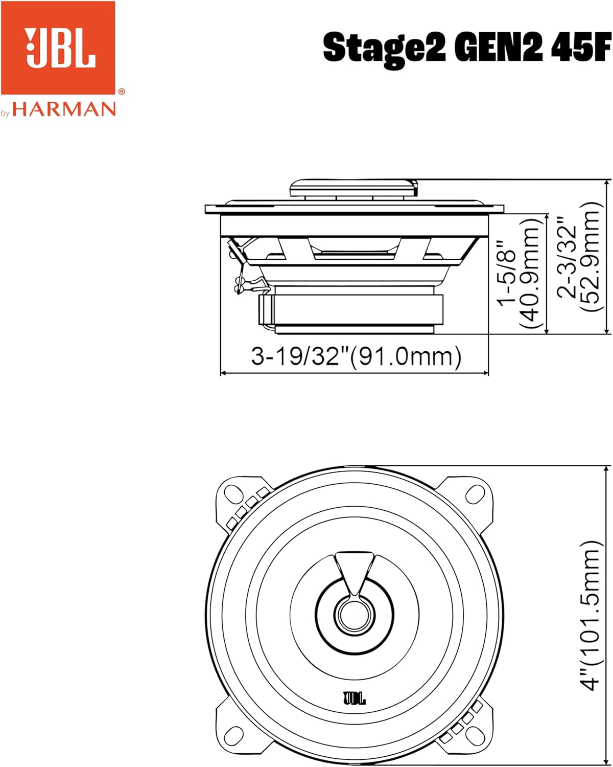 Technical drawing of JBL Stage2 GEN2 45F speaker with dimensions in millimeters and inches