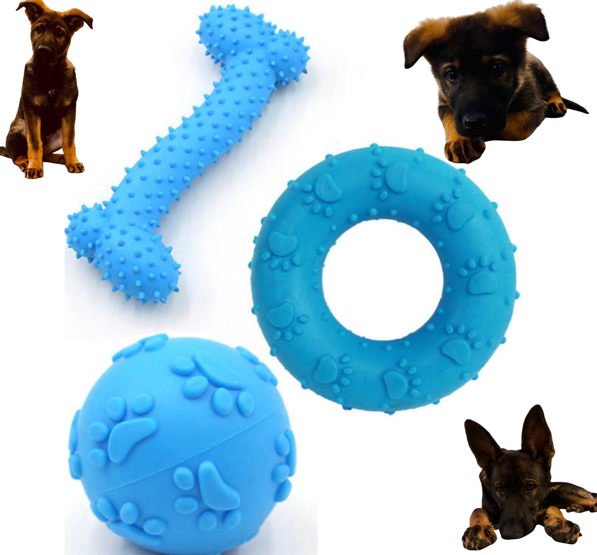 Mias Pawsome Pets: Teething Puppy Toys 3 Pack Set for Dogs - Interactive, Durable, and Soft Chew Toys for Small Breeds - Bone, Squeaky Ball, and Ring (Blue)