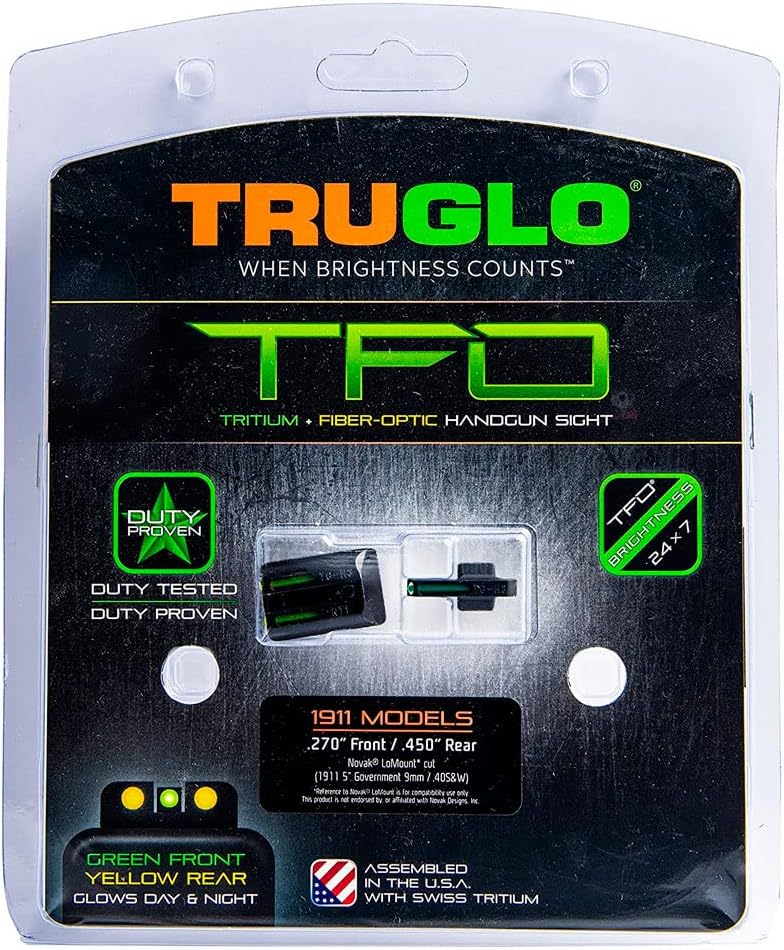 TRUGLO TFO Tritium & Fiber-Optic Handgun Sight | Durable Compact High-Visible Front & Rear Night Sight Set, Compatible with 1911 Handguns