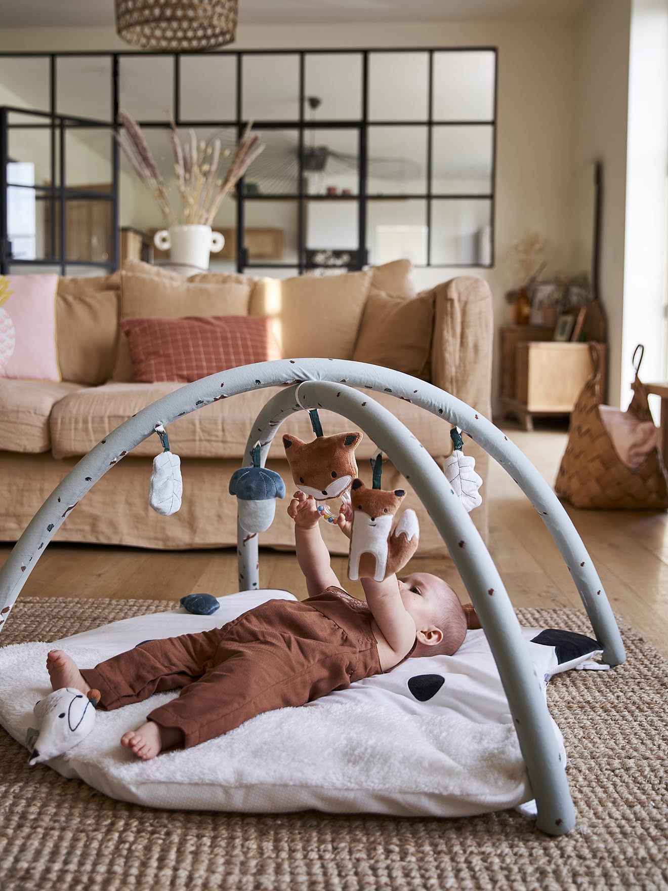 VERTBAUDET Baby Activity-Decke mit Spielbogen, Tiergesicht graugrün ONE SIZE