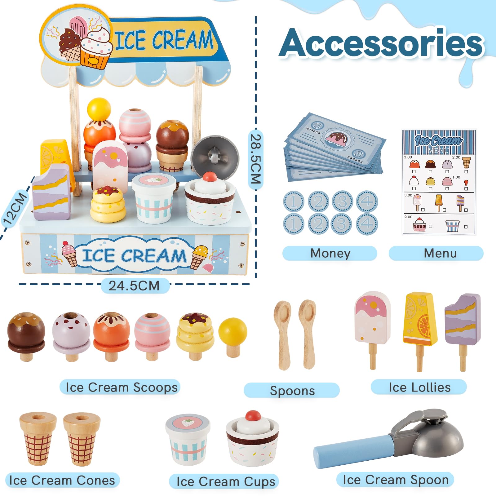 HERSITY Eiscreme Set Kinder Holz EIS am Stiel Spielzeug zum Stapeln, Kinderküche Zubehör Eisladen Eisdiele, Spielküche Rollenspiele für Kind Mädchen Jungen 2 3 4 Jahren, Blau