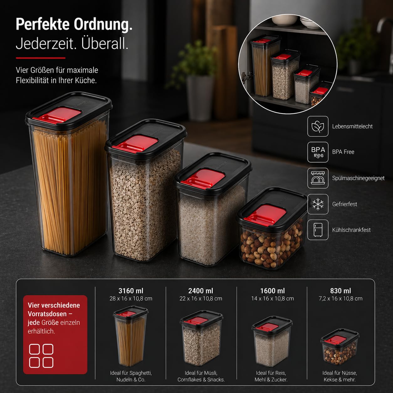 Set di 8 barattoli ermetici, senza BPA, 1600 ml, 14 x 16 x 10,8 cm, impilabili, da cucina, con coperchio trasparente, diverse misure