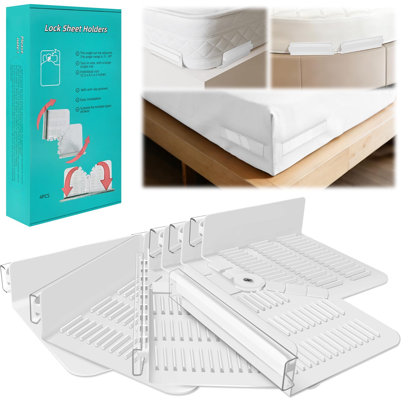 Photo 1 of Fitted Bed Sheet Holders for Corners, Anti-Slip Lock Clips Keep Sheets Firm & Tight, Patent Design Adjustable Angle for Mattress Topper Pad of Home Hospital Hotel, Easy Installation, New Year's Gift