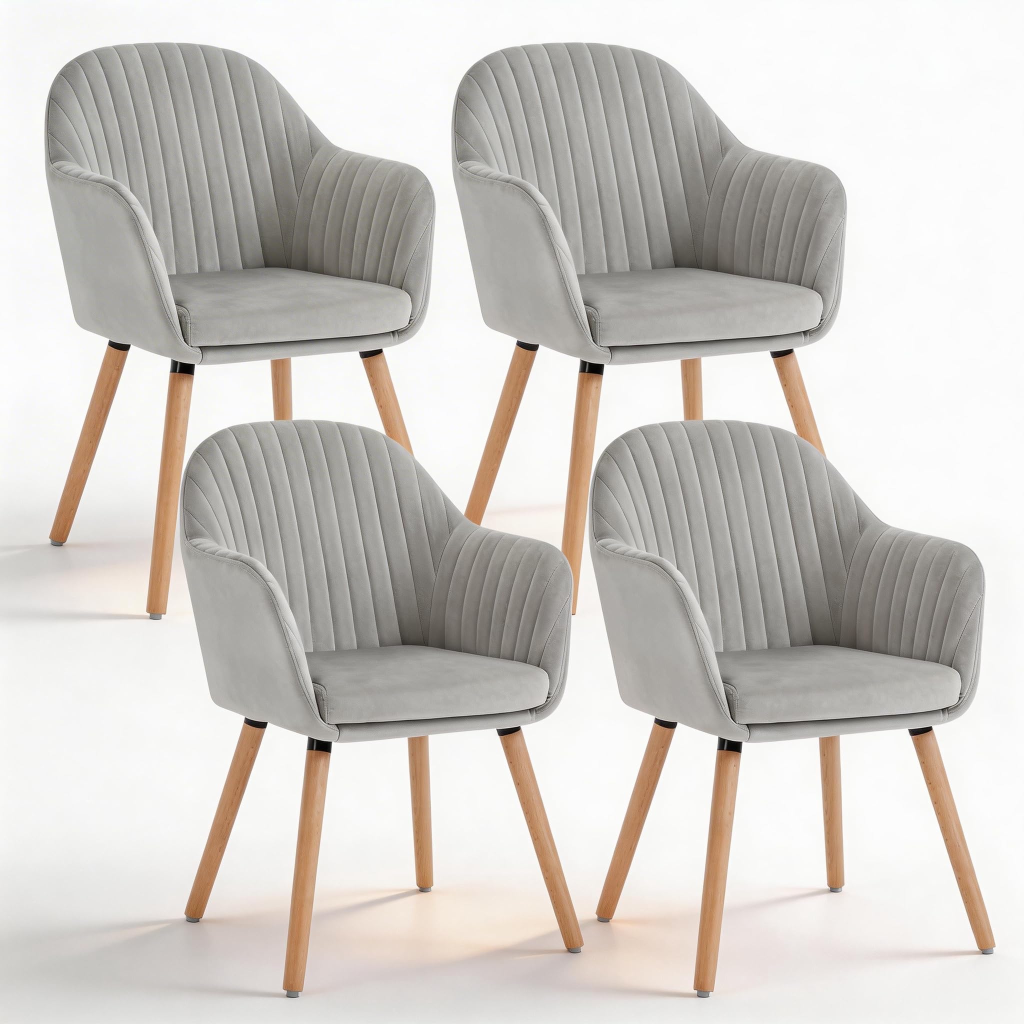 WOLTU Esszimmerstühle 4er Set, für Schlafzimmer Küche Wohnzimmer, Küchenstühle gepolstert mit Armlehne, aus Samt Massivholz, Hellgrau