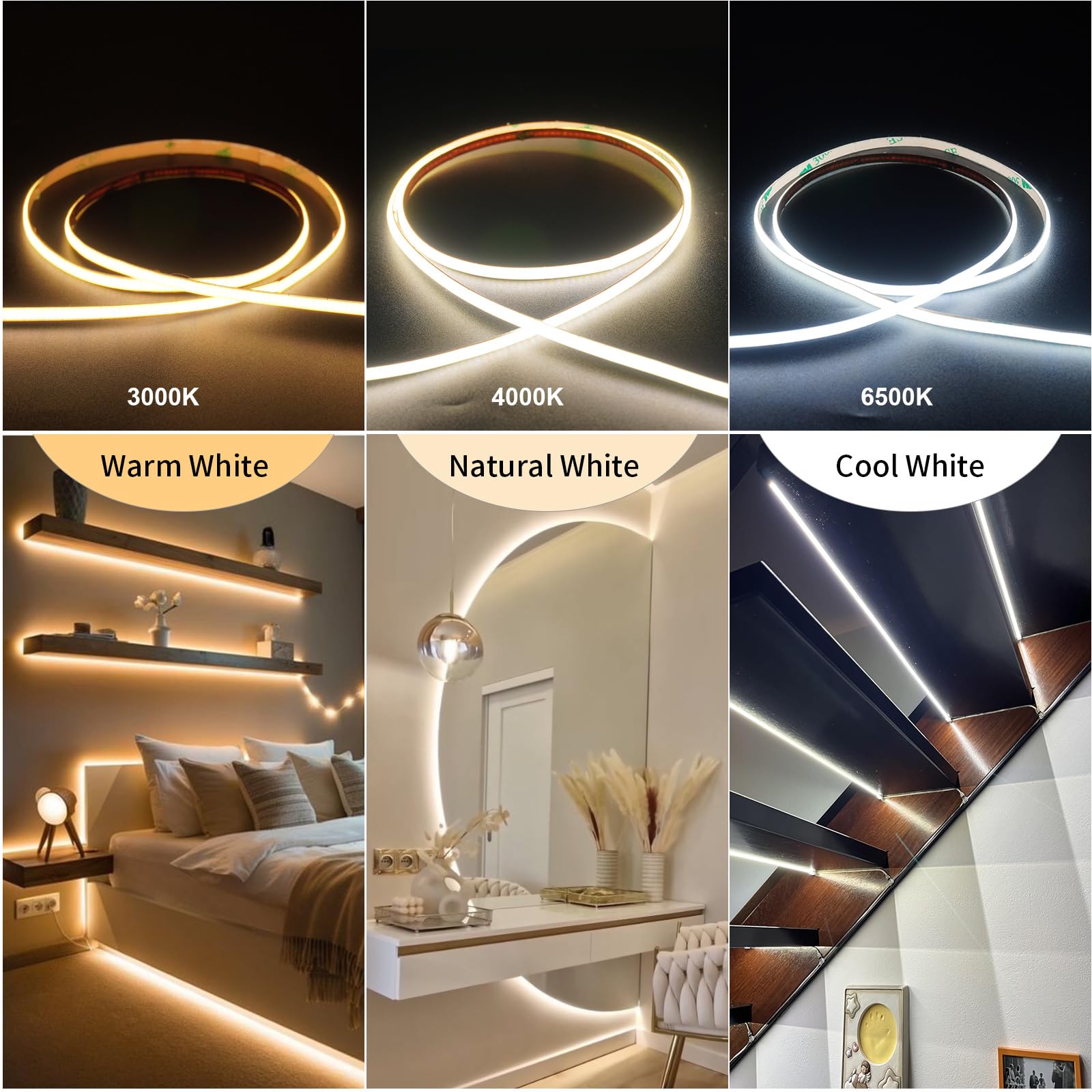 Fosingut 5V USB COB LED Strip Light 3m,3000K Warm White LED TV Backlight,480LED/m CRI90+ Flexible Under Cabinet Kitchen Light,4mm COB Tape Lights for Mirror,Wardrobe,Car,Bedroom,Home DIY Lighting - Image 4