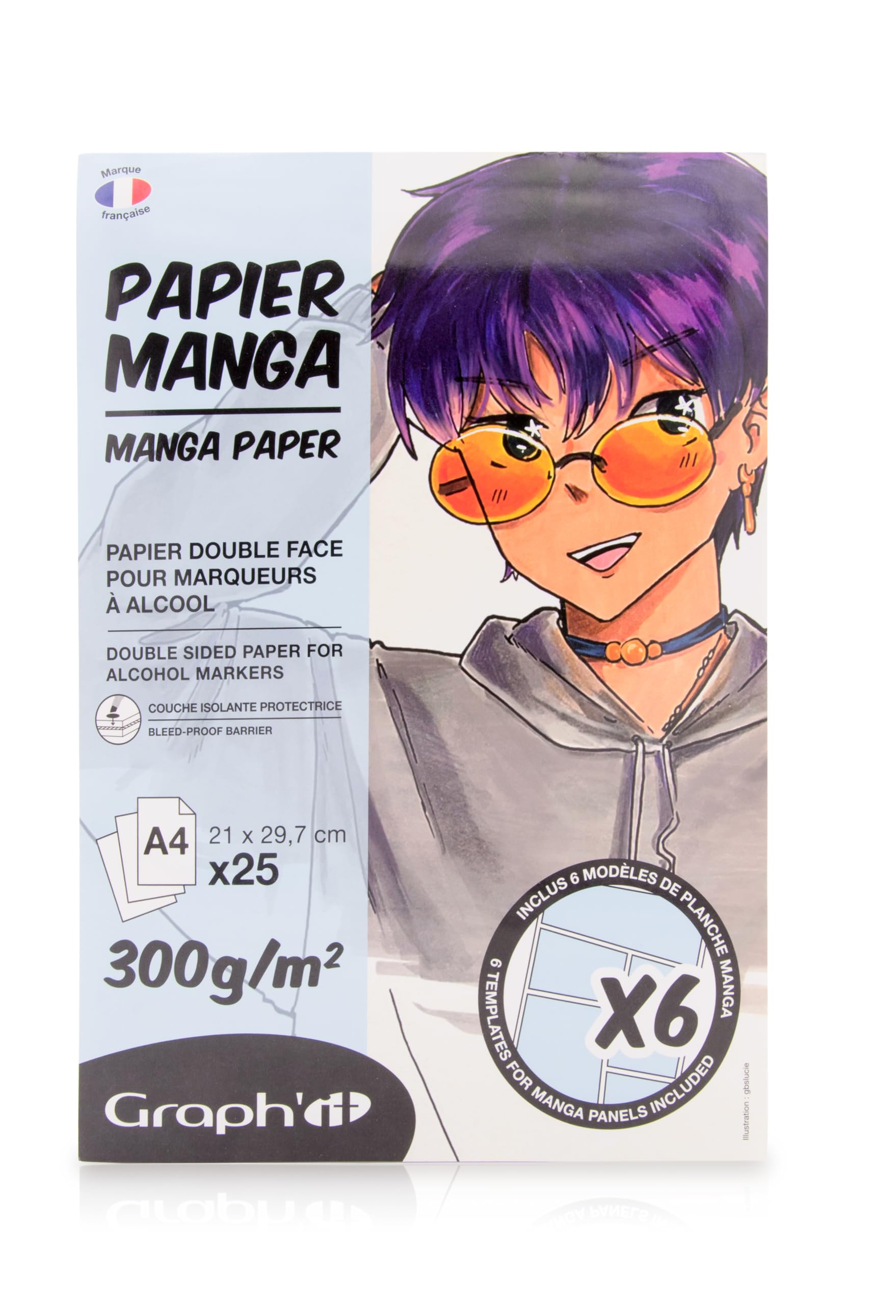 GRAPH'IT Manga pad of 25 sheets 300 g extra white special alcohol marker, 1 side glued, resistant paper for alcohol ink, 6 models of manga boards on tracing included - A4 size