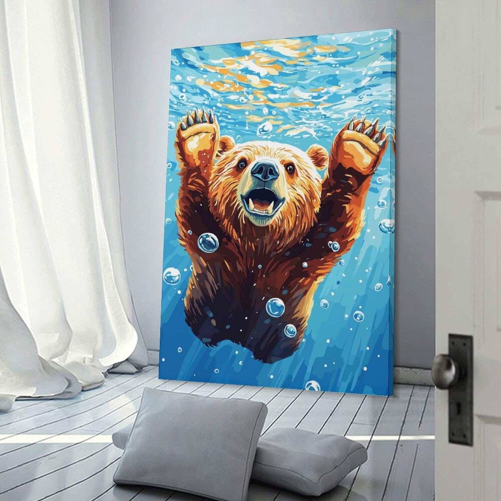 Junmoney Frame-Style-24 Bear Underwater With Bubbles Decorative Wall Artwork 16X24inch(40X60cm), For Corridors, Hallways Or Apartment Entries, Home Artwork For First Impressions