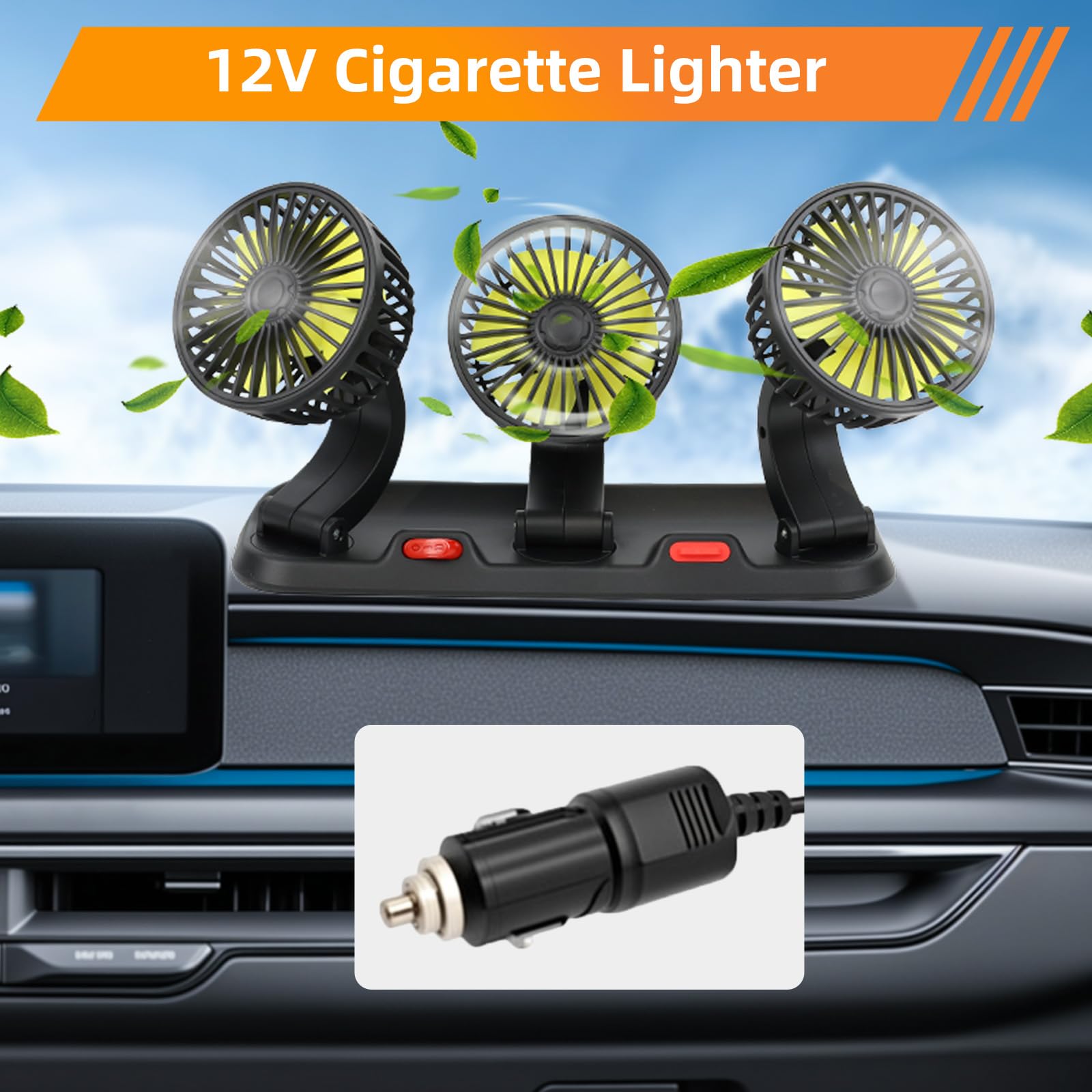 Baceyong 5V/12V/24V Ventola di raffreddamento per auto a tre teste con porta accendisigari/USB per camion, furgone, SUV, camper, barca, rotazione verticale regolabile a 360 ° orizzontale a 180 °