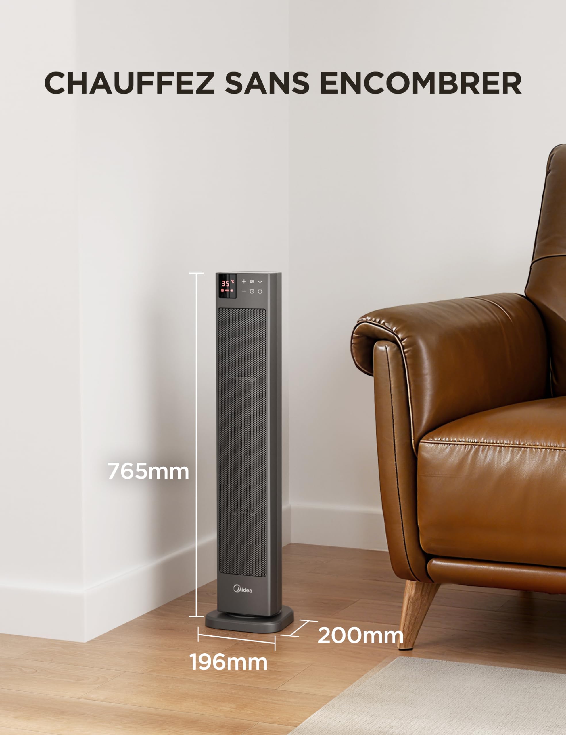 Midea NTH20-22GR(GR) Radiateur Céramique 2000W avec Thermostat et Télécommande, 76 cm, 3 Modes Minuterie 24H, Protection Surchauffe/Bascule, Chaleur Instantanée Bureau Chambre