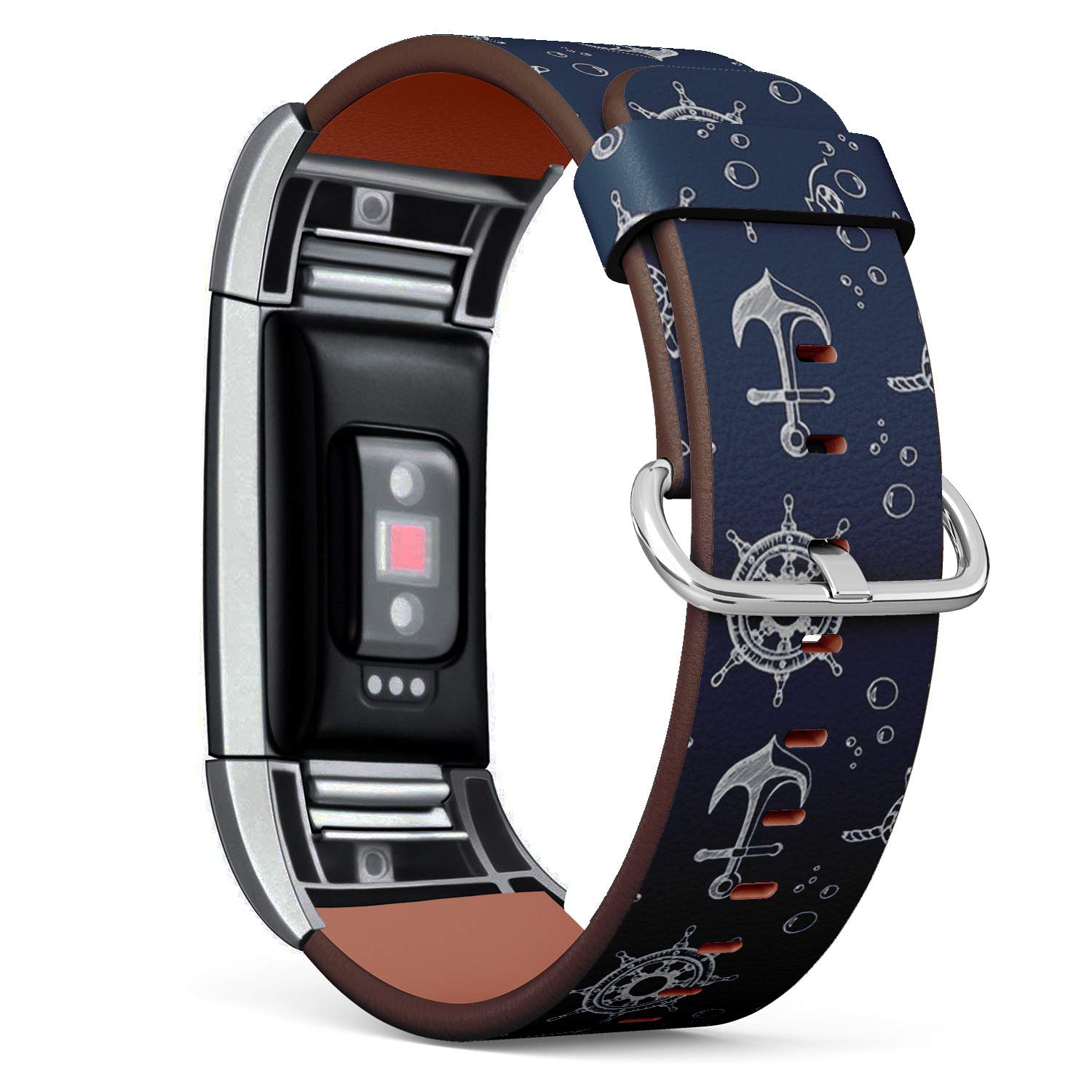 Compatible with Fitbit Charge 2 - Leather Wristband Bracelet Replacement Accessory Band (Includes Adapters) - Nautical Theme Blue