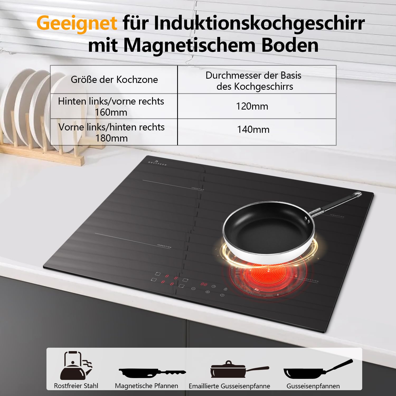 Induktionskochfeld 4 Platten 3500W 220-240V Autarkes Kochfeld Einbau 60cm Sicherheitssperre Timer 16A Steckerdose