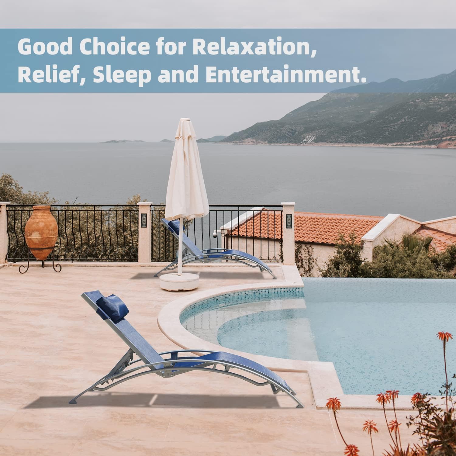 domi outdoor living Domi Lounge Chair Set of 2, Aluminum Lounge Chairs for Outside with 5 Adjustable Positions, Chaise Lounge Outdoor for Pool, Garden, Beach, Camping, Backyard (Blue) (LLFT0586-B)