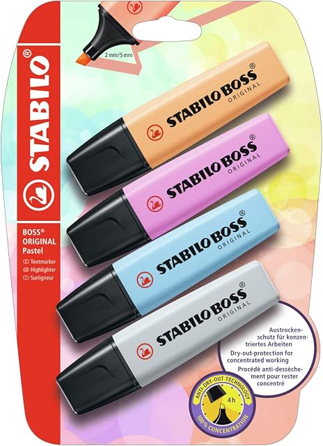 Zakreślacz - STABILO BOSS ORIGINAL Pastel blister 4 szt. - kolory: błękitna bryza, świetlany pomarańcz, chłodna fuksja i mglisty szary
