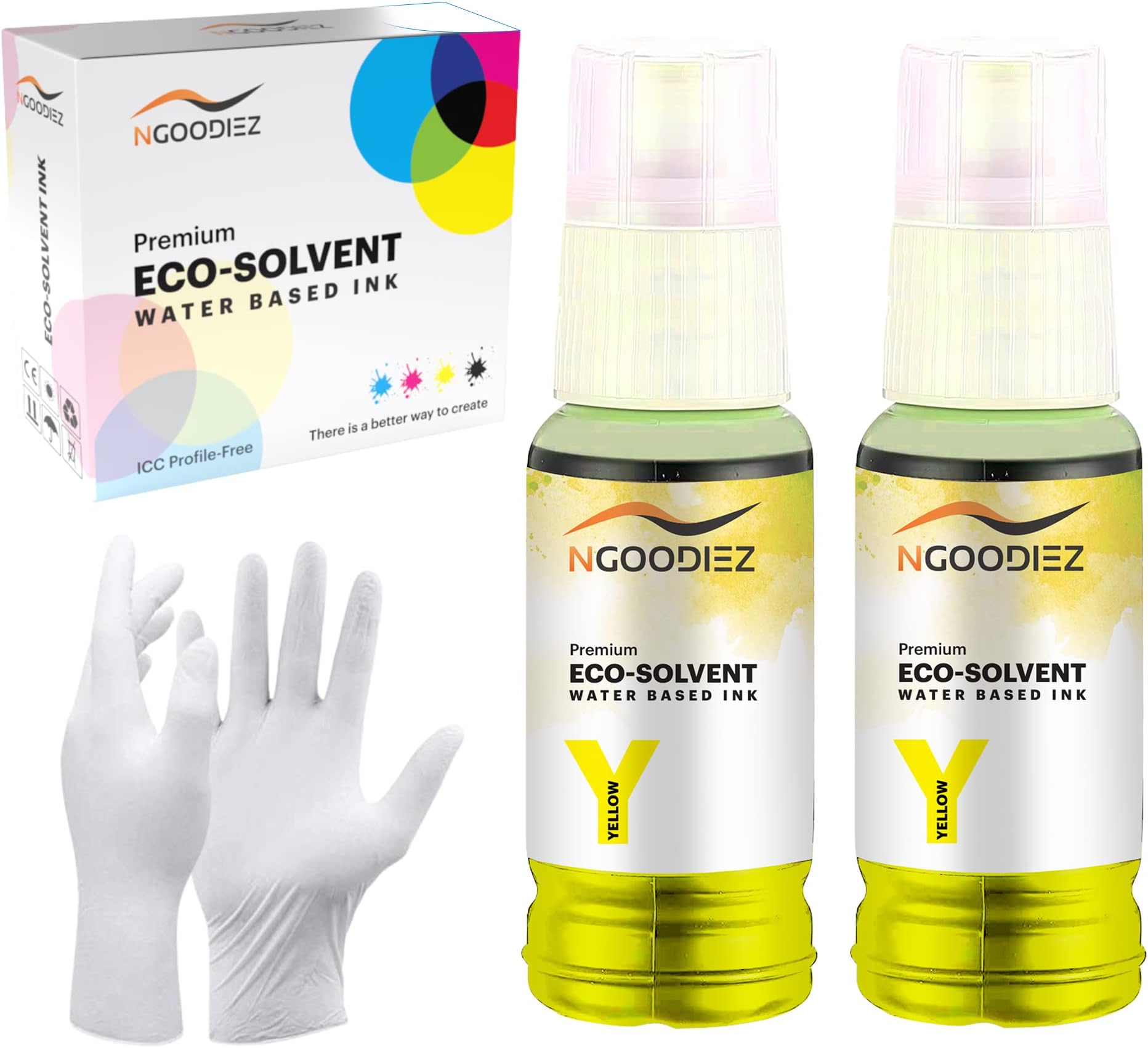 NGOODIEZ Eco Solvent Ink - Water Based Printer Ink, Fast Drying Refill Ink Bottle for Epson EcoTank & Workforce Printers - Ideal for HTV, Vinyl Stickers, Decals, T-Shirts, Mugs (1Y/1Y, 70ml)