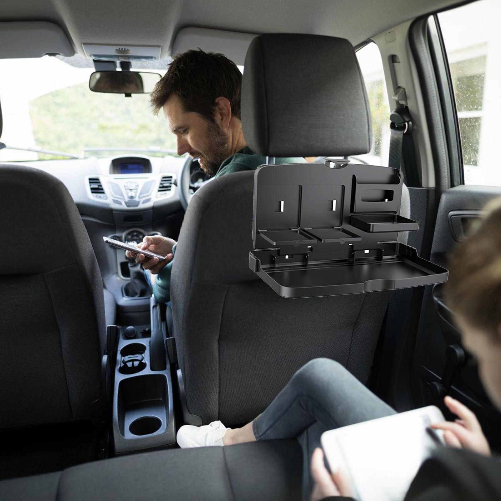 Bandeja de asiento trasero de coche – Tableta plegable para coche, bandeja compacta | Soporte para comida plegable, soporte para taza fija con almacenamiento multifuncional utilizado durante viajes