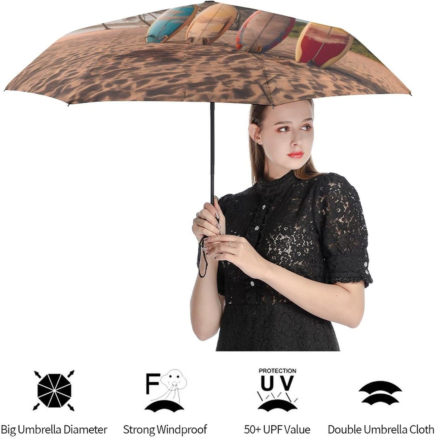 Surfboard Palm Tree Travel Umbrella for Rain Windproof 3 Folding Compact Umbrella for Women Men Gifts