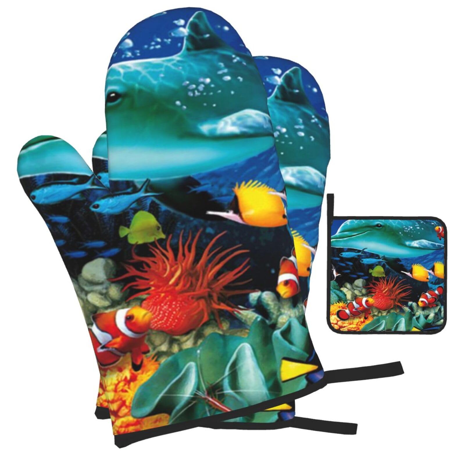 Tropical Fish Dolphin Coral Undersea Printed Oven Mitts and Pot Holders Heat Resistant Set of 3 Pcs, Modern Kitchen Gloves & Potholders for Cooking Baking Grilling