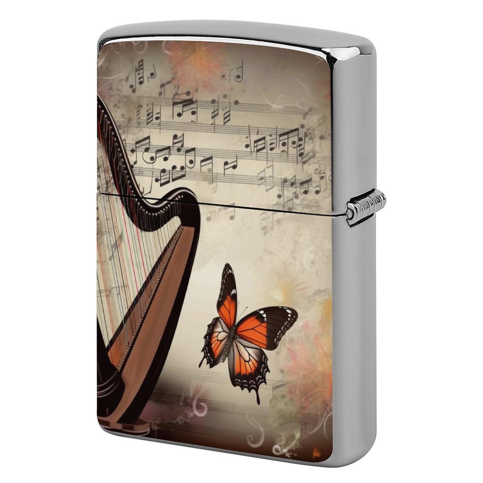 Music Background with Harp and Butterfly Lighter Case Vintage Metal Lighter Cover Reusable Lighter Protective Sleeve Unique Design Personalized Lighter Sleeve Holder Against Dust and Scratches