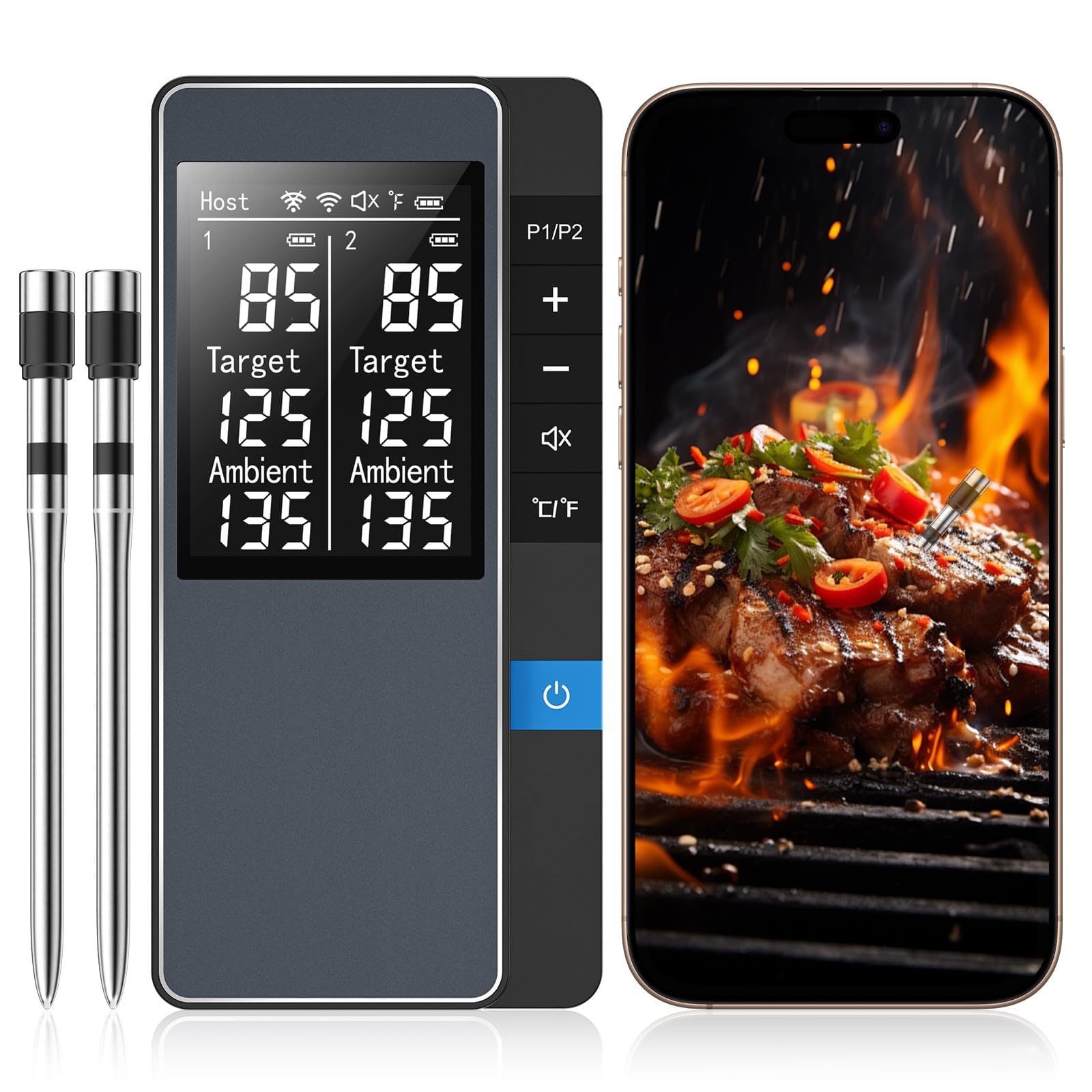 Smart Bluetooth Drahtloses Fleischthermometer, Echtzeitüberwachung Steuerung Digitales Thermometer mit Smart App, 2 Fleischsonden IP67 Wasserdicht Hohe Genauigkeit Perfekt für BBQ, Ofen, Grill