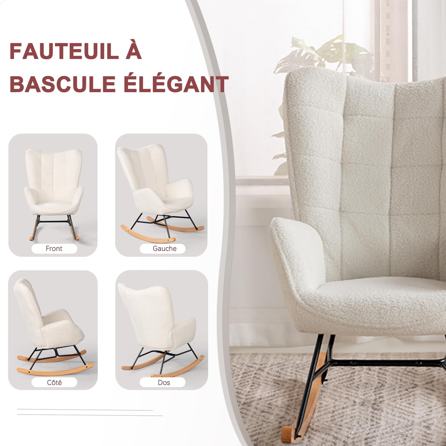 Meuble Cosy Fauteuil à Bascule Scandinave Rocking Chair Allaitement Chaise Loisir Revêtement en Bouclette avec Pieds en Bois Massif pour Salon, Chambre, Le Balcon, Beige