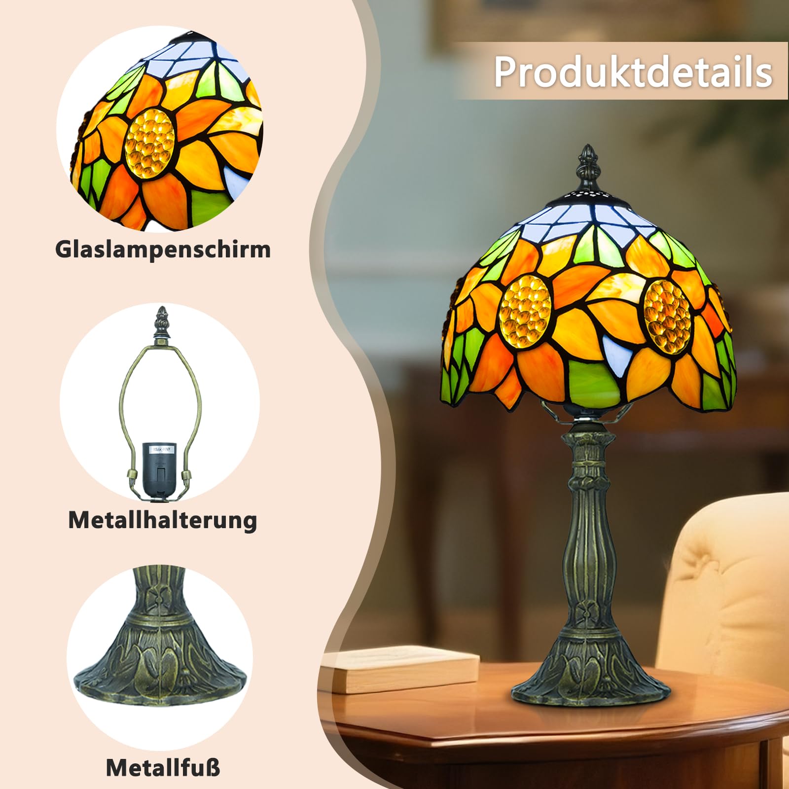 Tiffany-Tischlampe, Metallsockel, E27-Glühbirne Mit Fernbedienung, 8 Zoll Retro Stained Glass Lamp Für Wohnzimmern,Lesezimmern,Schlafzimmern Und Arbeitszimmern Verwendet (D Sonnenblume)