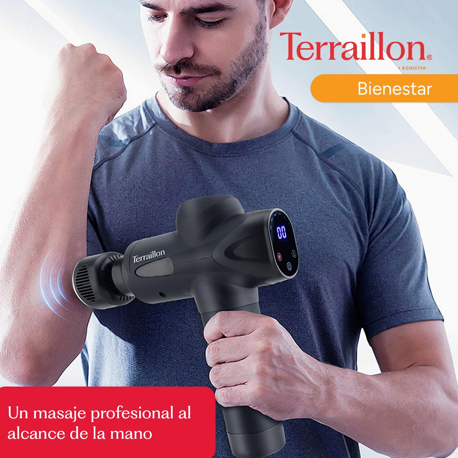 TERRAILLON GUN MASSAGER EXPERT - Pistola de masaje multizonas, 20 velocidades 2800-3200 RPM, pantalla digital, temporizador integrado, 5 puntas de silicona, 1 caliente-frío, USB-C, funda incluida