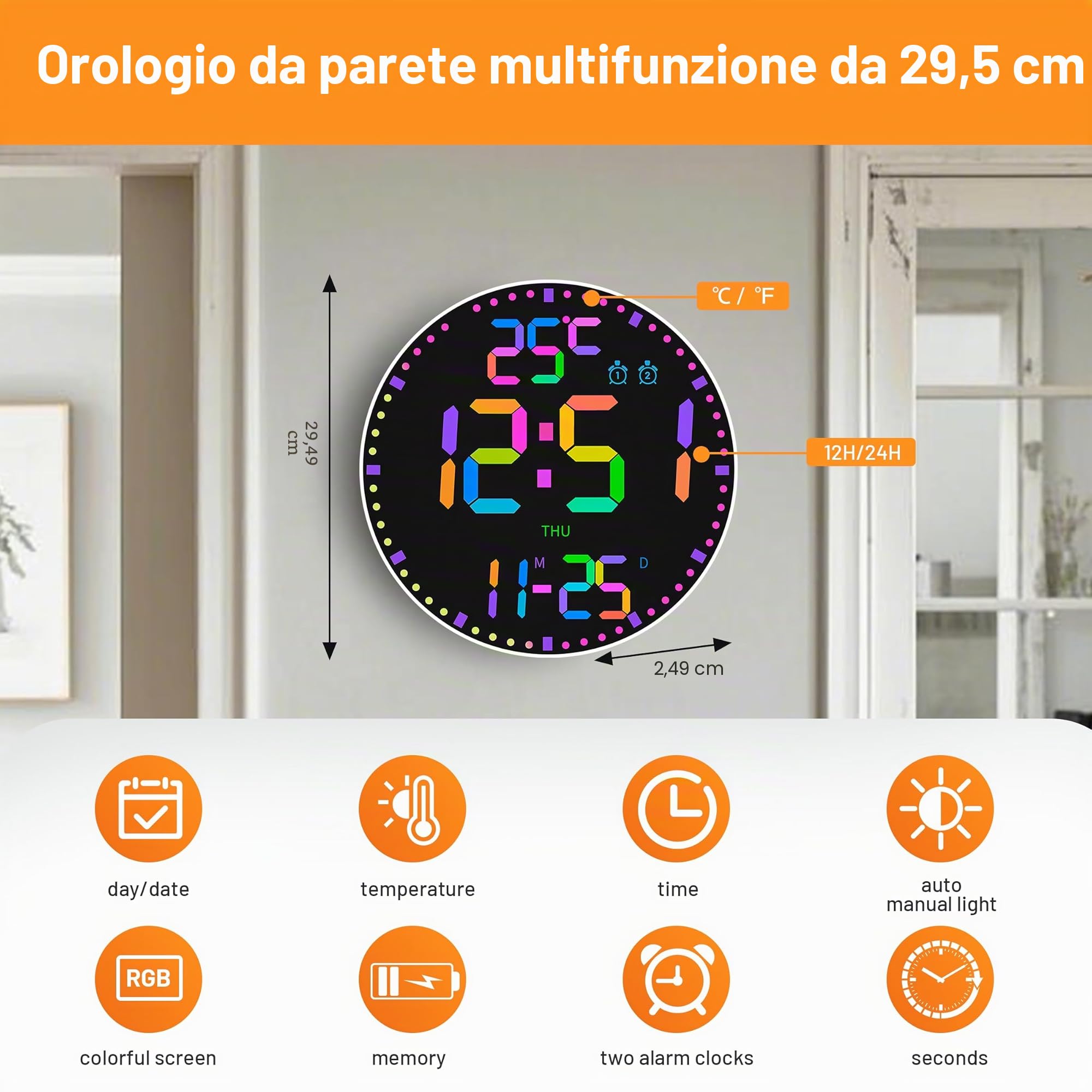 Grande Orologio Digitale da Parete Rotondi, Schermo LED da 30cm/11.6", 12 Colori RGB, Orologi da Parete Grandi Digitali con Telecomando, Orologi da Parete LED, Luminosità Automatica, Sveglia